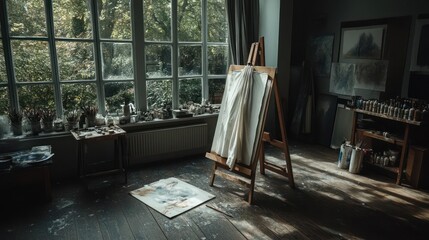 Aufkleber - An art studio interior with natural light large window painting easel and scattered paint palette brushes and artwork. The room evokes creative inspiration