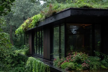 Poster - Modern architectural home with lush green roof and surrounding vegetation illuminated by daylight with dark exterior and rain drops
