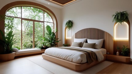 Aufkleber - Bright bedroom interior with large arched window lush greenery wooden furniture plants and neutral tones creating a serene and inviting atmosphere