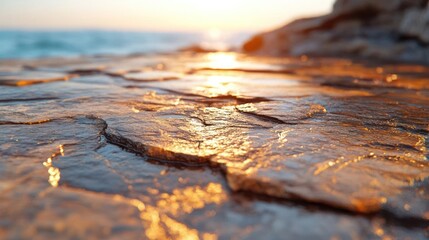 Poster - Close up view of a golden light reflecting off the stone ground with ocean background during sunset