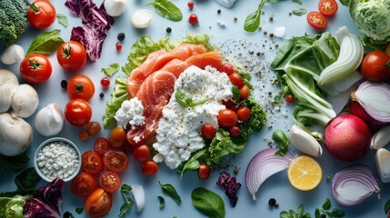Poster - Overhead shot of a vibrant food arrangement featuring salmon, cottage cheese, tomatoes, lettuce and other vegetables. The image is presented on a light blue background