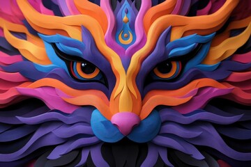 Poster - Intricate paper art lion face with vibrant multicolored layered design showing detailed textures and expressive eyes on a dark background