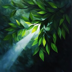 Aufkleber - A stylized painting of lush green leaves illuminated by a bright beam of light streaming through the canopy on a dark background