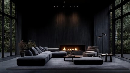 Poster - Dark modern living room with a fireplace seating area and large windows overlooking lush greenery. The room features a dark color scheme with minimal furniture and a cozy atmosphere
