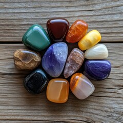 Aufkleber - Assortment of colorful polished gemstones arranged on a weathered wooden surface illuminated by soft natural light with variety of shapes and shades