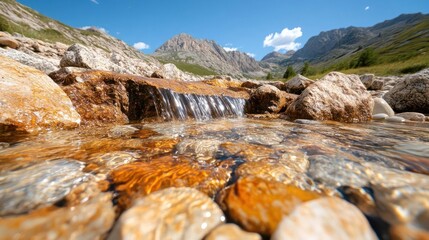 Poster - Clear water stream flows over colorful rocks with mountains under blue sky creating a natural landscape scene. The water is sparkling and the rocks are brown and white