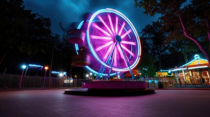Aufkleber - Ferris wheel glowing in pink and blue at night in amusement park with lights and blurry elements