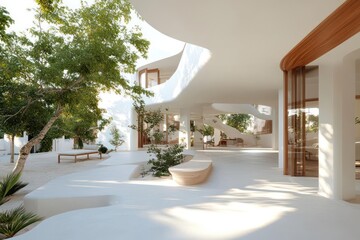 Poster - Modern minimalist white architectural interior with organic curved ceiling design and natural light through openings plants vegetation and outdoor elements