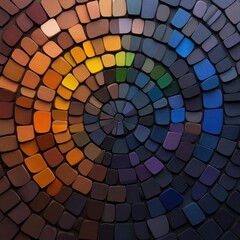 Leinwandbilder - Circular mosaic pattern featuring a spectrum of colors arranged concentrically from warm tones to cool hues providing a textured background