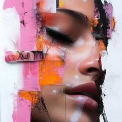 Aufkleber - Abstract portrait painting of a woman with closed eyes featuring vibrant strokes of pink orange and black on white background with a focus on her face
