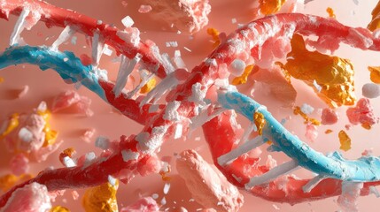 Poster - Abstract illustration of a DNA double helix structure with vibrant red and blue strands particles and fragmentation on a pink background