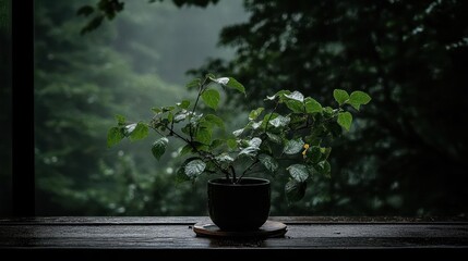 Poster - Rainy scene with a potted plant near a window overlooking a lush, blurred green landscape. Water droplets on glass and leaves create a serene atmosphere