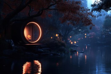 Poster - Serene night scene with circular portal glowing orange reflection on still water surrounded by trees and lanterns mystical atmosphere