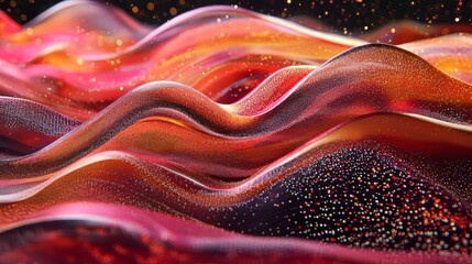 Poster - Abstract waves in red, pink, and orange, studded with tiny particles against a dark backdrop. Flowing design.