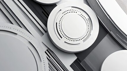Poster - Abstract design with concentric circles and linear geometric elements in grayscale, creating a modern aesthetic