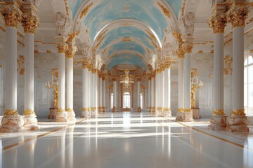 Poster - Ornate interior of a large hall with white marble columns gold accents and a light blue ceiling featuring chandeliers and ambient lighting