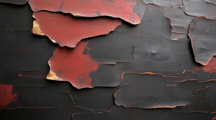 Aufkleber - Close up of peeling paint on a wooden surface showing layers of red and black paint. The texture reveals wood grains and a rugged aged appearance