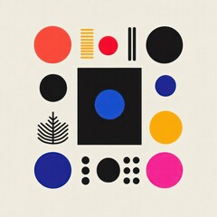 Poster - Geometric composition with circles squares and lines in vibrant colors on textured background
