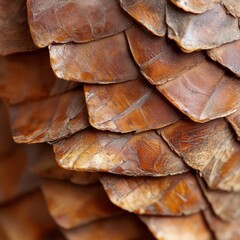 Poster - Close up view of a pine cone showing detailed textured scales and a warm brown color palette. Natural light highlights the organic shapes