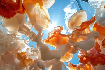 Poster - Abstract glass sculpture against a bright blue sky featuring orange and white organic shapes and sunlight