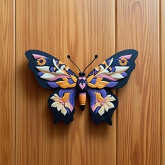 Poster - Colorful paper butterfly on wooden surface intricate symmetrical details vibrant orange yellow and purple wing patterns