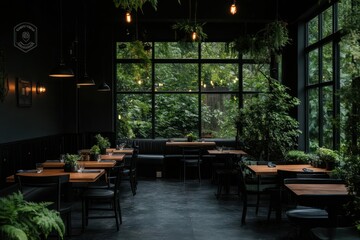 Poster - Interior of a restaurant with dark walls tables and chairs large windows showcasing lush greenery plants hanging from the ceiling and dim lighting creating a cozy atmosphere