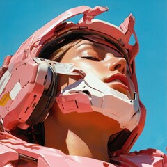 Poster - Portrait of a person wearing a pink futuristic helmet and a serene expression against a clear blue sky. The lighting highlights facial features and textures
