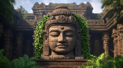 Poster - Detailed stone statue of a serene face surrounded by lush vegetation in front of an ancient temple setting, with a focus on tranquility and historical architecture