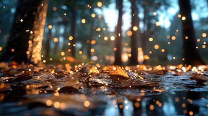 Poster - lush forest floor illuminated by golden bokeh lights wet leaves and blurred background mysterious an