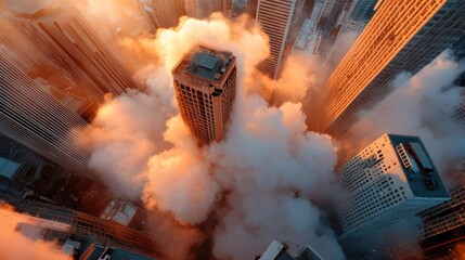 Poster - Aerial view of city buildings surrounded by clouds with warm golden orange lighting, urban scene with voxel style architecture
