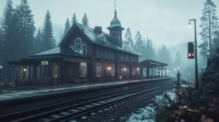 Aufkleber - Railway station in a forest with tracks and a vintage building. The scene has a moody atmosphere with low lighting and fog. The architecture is classic with red brick