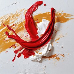 Fototapete - Abstract artwork with vibrant red white and gold paint strokes on white textured background. Artistic composition with dynamic textures and vivid colors suggesting creativity and energy