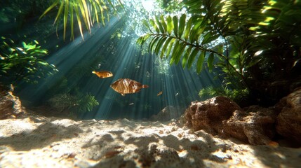 Aufkleber - Sunlight streams through lush green tropical foliage illuminating floating leaves and sandy underwater scene creating ethereal atmosphere
