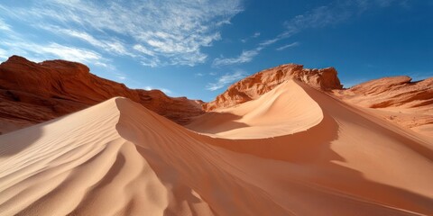 Aufkleber - Panoramic landscape view of sand dunes under a clear blue sky with scattered clouds and reddish-brown rock formations. The scene evokes a sense of vastness and natural beauty