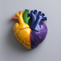 Poster - A vibrant segmented heart sculpture in rainbow colors on a textured gray surface. The anatomical model depicts the heart divided into color-coded sections