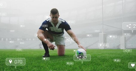 Poster - Preparing to kick ball, rugby player with animation of social media icons