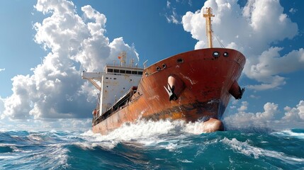 Poster - Large rusty cargo vessel sailing on a blue ocean with white waves under a partly cloudy sky, a transportation scene