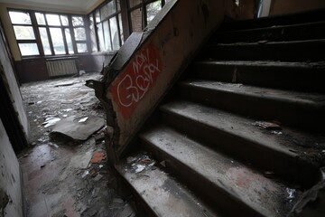 Poster - Dilapidated interior of a building with debris scattered on the floor. Concrete stairs ascend towards a window with daylight. Graffiti on the wall adds a touch of urban decay