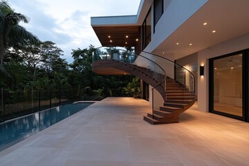 Aufkleber - Modern architectural house exterior features a curved wooden staircase leading to an upper balcony with a swimming pool and lush greenery surrounding the house