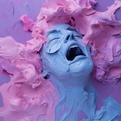 Poster - Blue sculpted face with open mouth surrounded by pink abstract form against a purple background capturing raw emotion and intensity