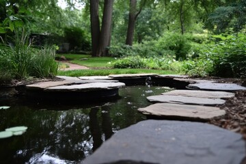Poster - Peaceful garden pond scene with stepping stones leading to water. Lush green vegetation and trees surround the reflective water surface creating tranquil atmosphere