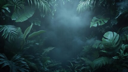 Aufkleber - Lush foliage in a dark forest environment with mist creating an atmospheric scene. Various shades of green leaves are illuminated by soft light