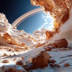 Poster - Voxel landscape with a ringed planet in the sky. The scene features a rocky canyon with sunlight illuminating the opening. The ground has scattered rocks and the overall atmosphere is serene and