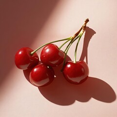 Poster - Four ripe red cherries with green stems on a soft pink surface illuminated by warm sunlight creating a contrasting shadow. A simple and appetizing still life