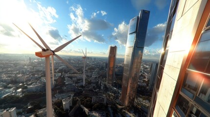 Poster - Aerial cityscape featuring skyscrapers wind turbine and dense urban landscape illuminated by sunlight against a blue sky with clouds offering a futuristic architectural view