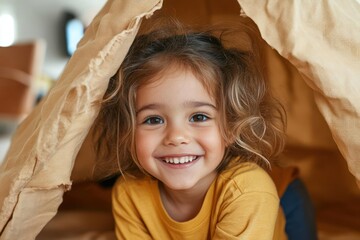 Aufkleber - Smiling young girl wearing yellow shirt and tent happy eyes looking directly into the camera. Brown wavy hair with gold glitter details. Bright warm lit indoors background