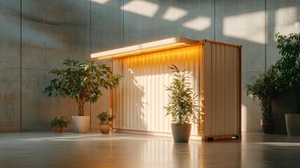 Poster - Interior scene with sunlit container-like structure and potted plants in an industrial space