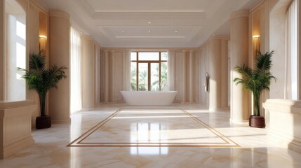 Poster - Luxurious bathroom interior with marble floors tall columns and potted plants a large window reveals green trees and bright daylight adding depth
