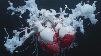 Poster - Artistic rendering of a human heart with splattered white and red liquid against a dark background. It evokes medical and biological themes with dramatic lighting