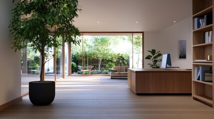 Poster - Interior view of a home office with a large window overlooking a garden. Features a wooden desk bookshelves and an indoor tree in a modern aesthetic with natural light